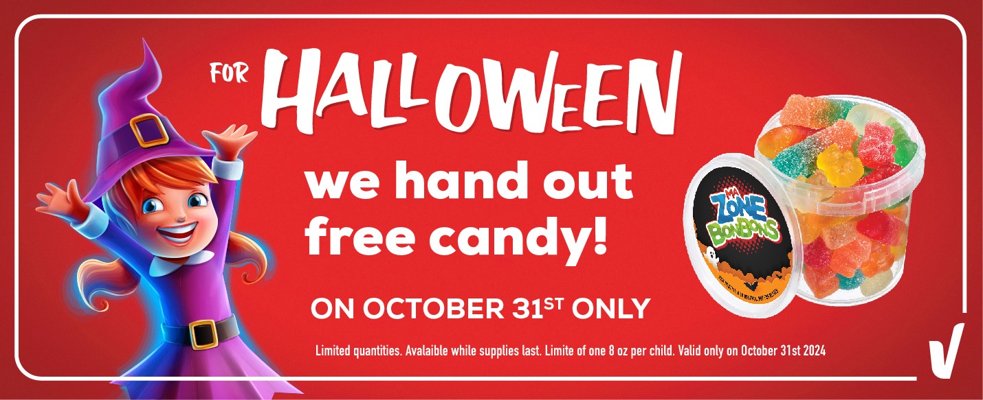 The following image contains the text, "For Halloween, we hand out free candy. Available only on October 31."