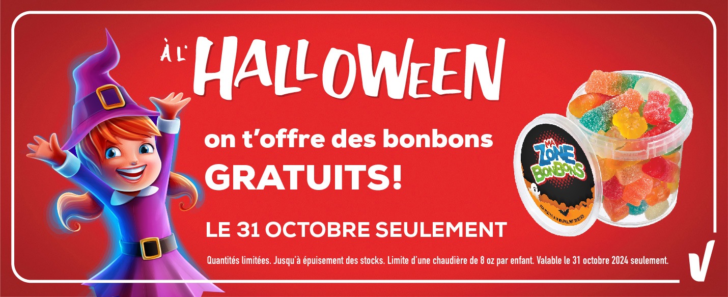 L'image suivante contient le texte : « Pour Halloween, nous distribuons des bonbons gratuits. Disponible uniquement le 31 octobre ».